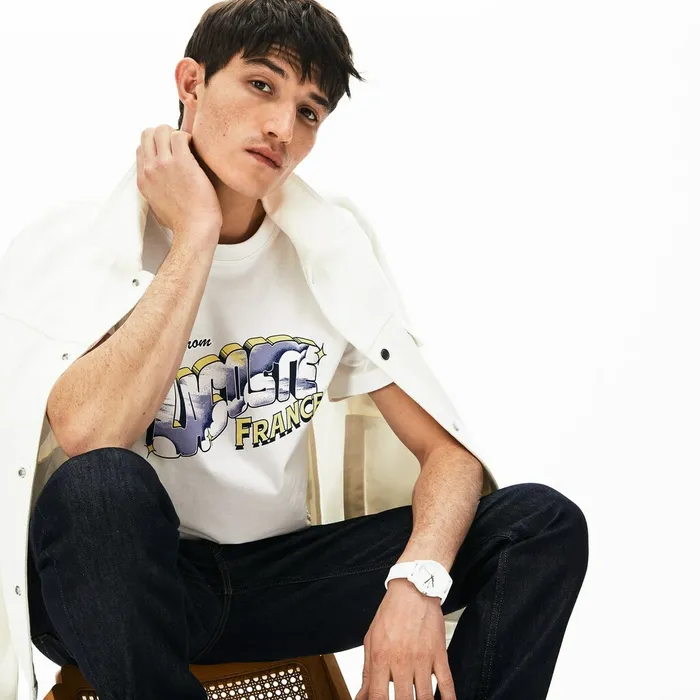 Graphic Print Regular Fit Cotton Tshirt White Mens Lacoste TShirts On Sale
