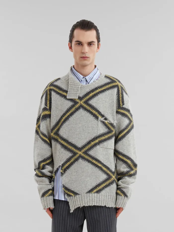 Grey Broken Wool Jumper With Argyle Motif Men Marni Knitwear