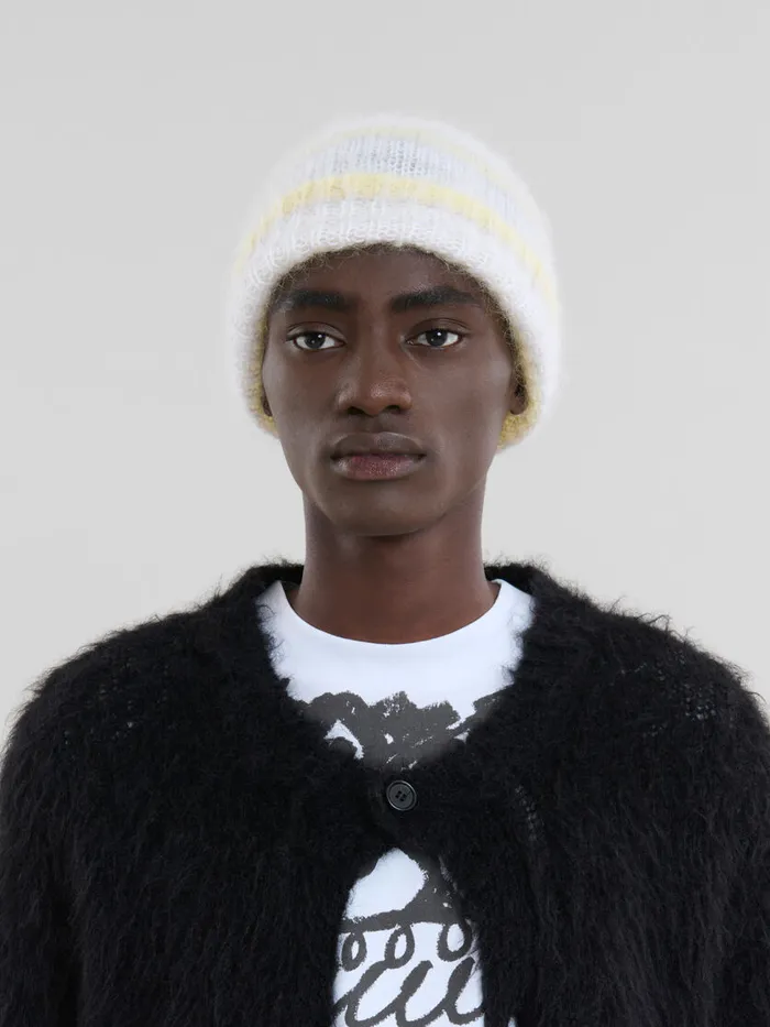 Grey Brushed Mohair Beanie With Stripes Men Marni Hats