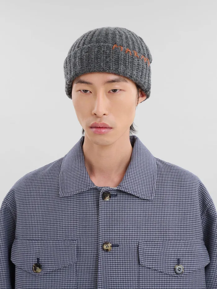 Grey Shetland Wool Beanie With Marni Mending Men Marni Hats