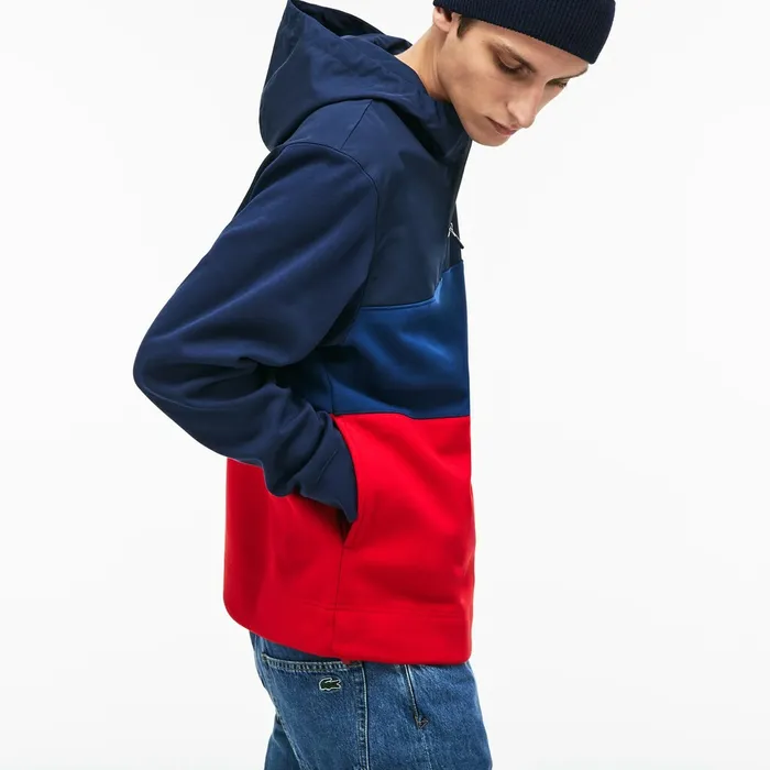Hooded Colorblock Fleece Jersey Sweatshirt Navy BlueRed Mens Lacoste Sweatshirts Online Store