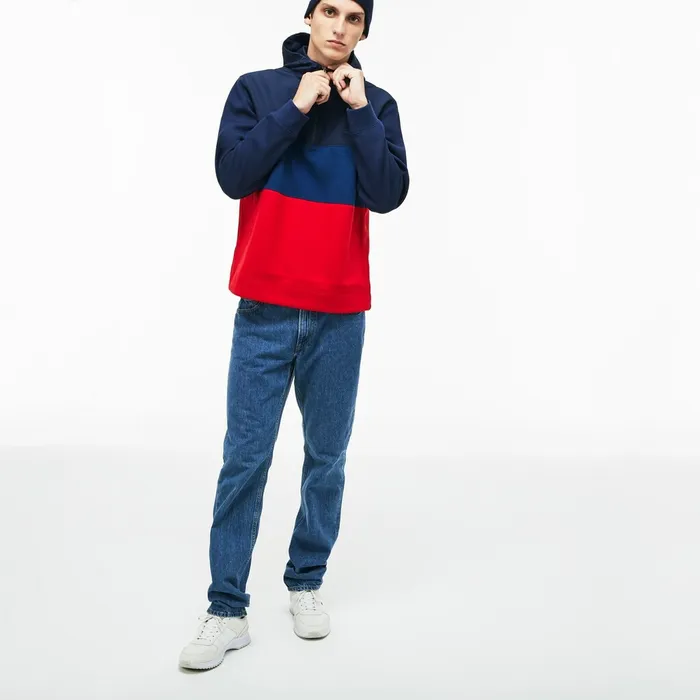 Hooded Colorblock Fleece Jersey Sweatshirt Navy BlueRed Mens Lacoste Sweatshirts Online Store