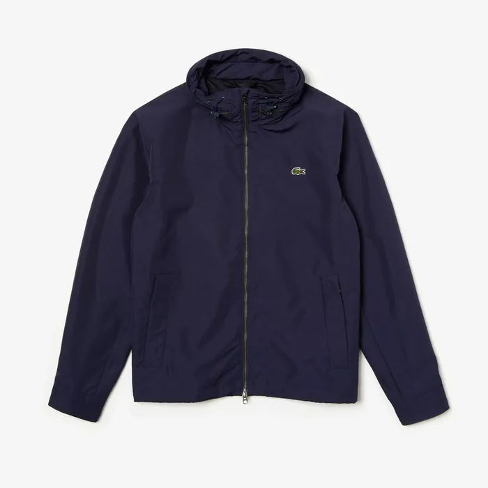 Hooded WeatherAdaptable Windbreaker Jacket Navy Blue Mens Lacoste Jackets and Coats USA