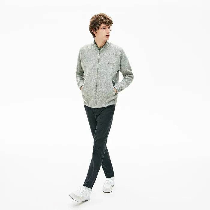 Hybrid TwoPly Wool Blend Zip Sweatshirt Grey Chine Mens Lacoste Sweatshirts USA