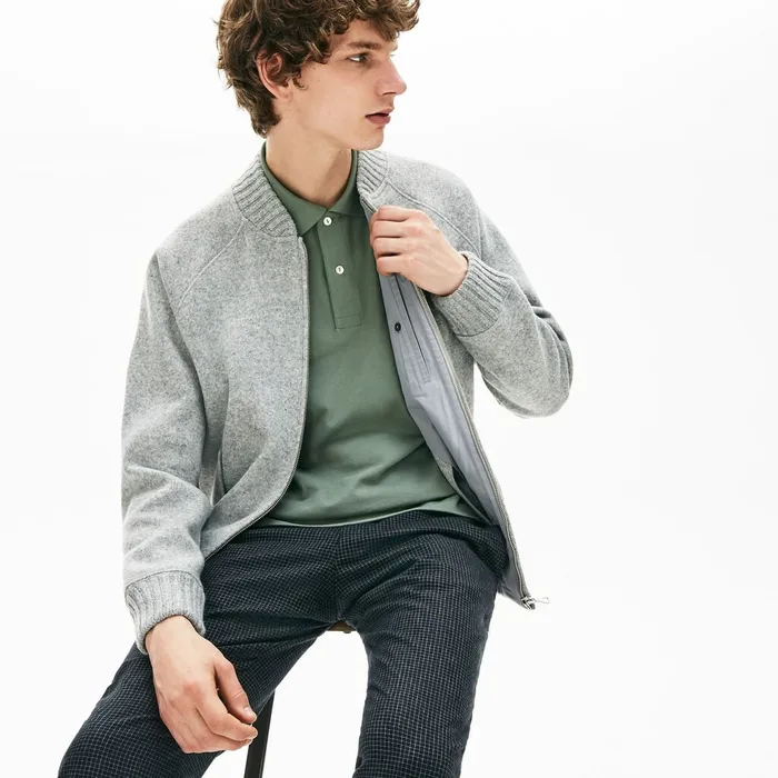 Hybrid TwoPly Wool Blend Zip Sweatshirt Grey Chine Mens Lacoste Sweatshirts USA
