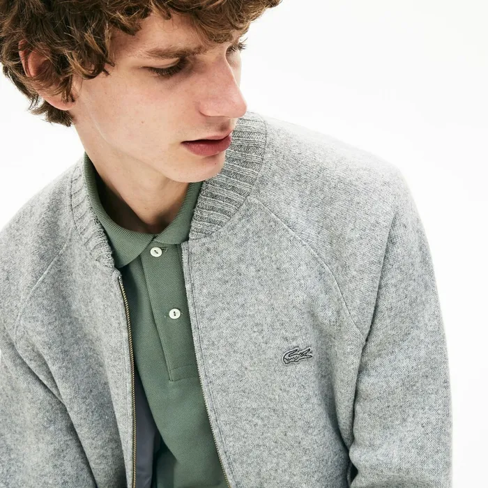 Hybrid TwoPly Wool Blend Zip Sweatshirt Grey Chine Mens Lacoste Sweatshirts USA