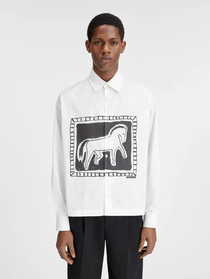 JACQUEMUS Shirts Monochrome Horse Boxy Shirt Print Black and White Horse 8211 Men