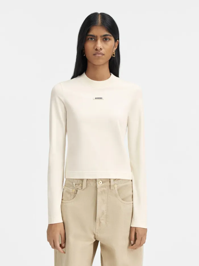 JACQUEMUS Tshirts Grosgrain Logo Long Sleeve TShirt Light Beige 8211 Women