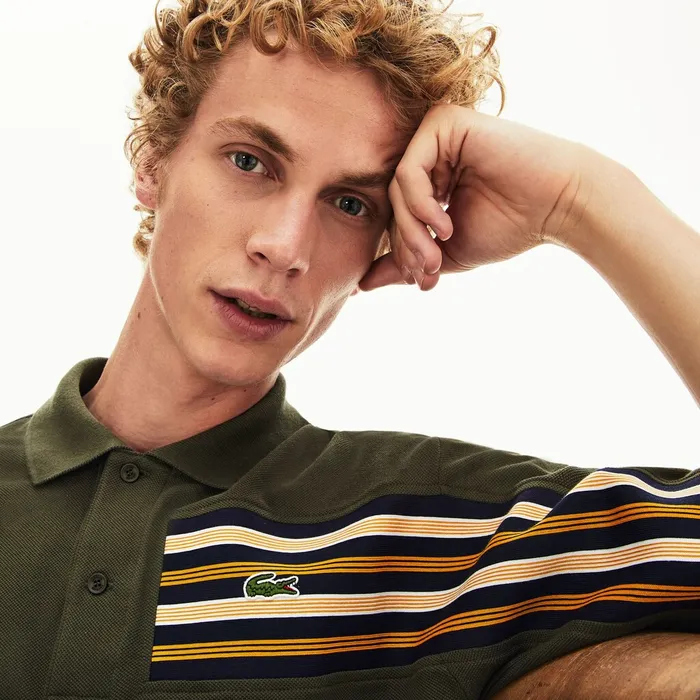 L1212 OffCenter Stripe Cotton Piqu Polo Khaki Green Mens Lacoste Polos Popular L1212 OffCenter Stripe Cotton Piqu Polo Khaki Green Mens Lacoste Polos Popular