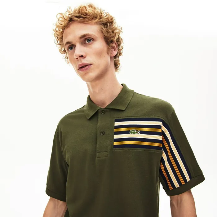 L1212 OffCenter Stripe Cotton Piqu Polo Khaki Green Mens Lacoste Polos Popular