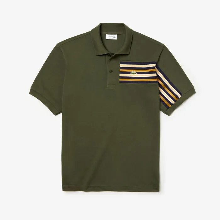 L1212 OffCenter Stripe Cotton Piqu Polo Khaki Green Mens Lacoste Polos Popular