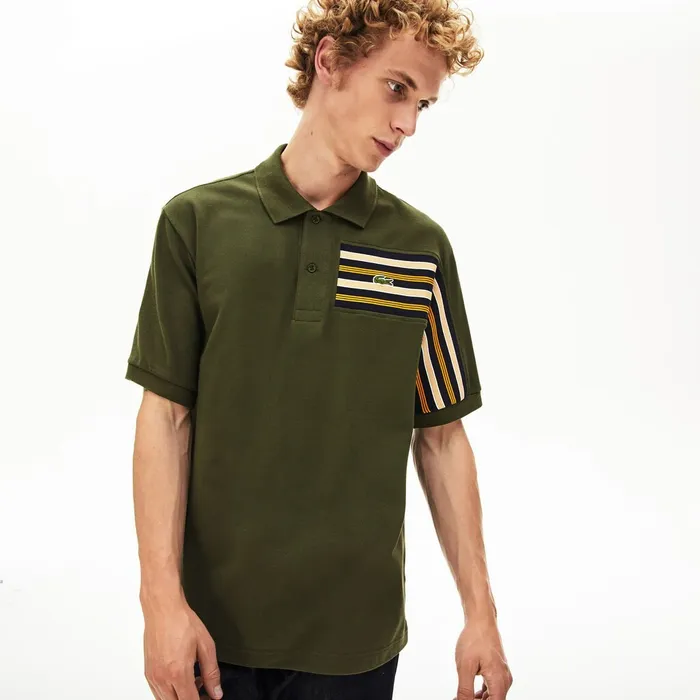L1212 OffCenter Stripe Cotton Piqu Polo Khaki Green Mens Lacoste Polos Popular