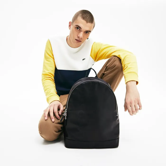L1212 Signature Leather Zip Backpack Black Mens Lacoste Bags Popular
