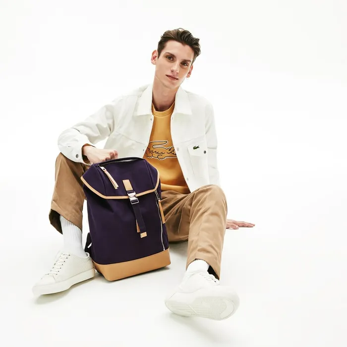 Leather Finishes Cotton Flap Backpack Peacoat Tan Mens Lacoste Bags Store