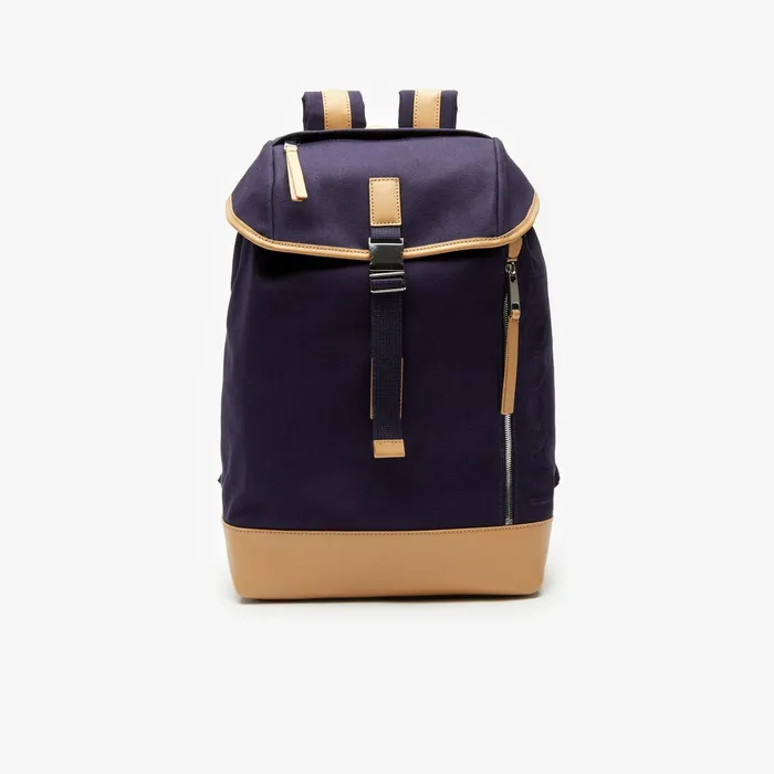 Leather Finishes Cotton Flap Backpack Peacoat Tan Mens Lacoste Bags Store