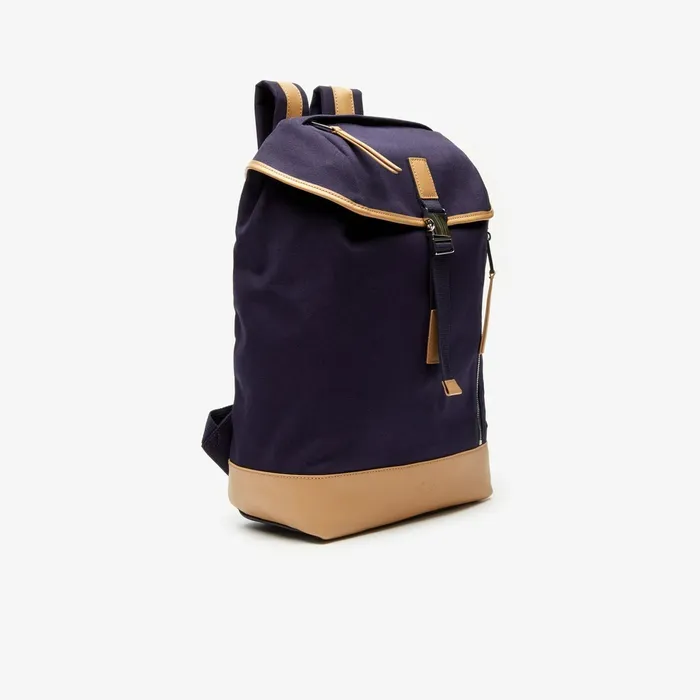 Leather Finishes Cotton Flap Backpack Peacoat Tan Mens Lacoste Bags Store