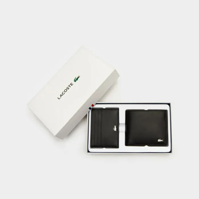 Leather Wallet and Card Holder Boxed Gift Set Black Mens Lacoste Small Leather Goods Cheap On Sale