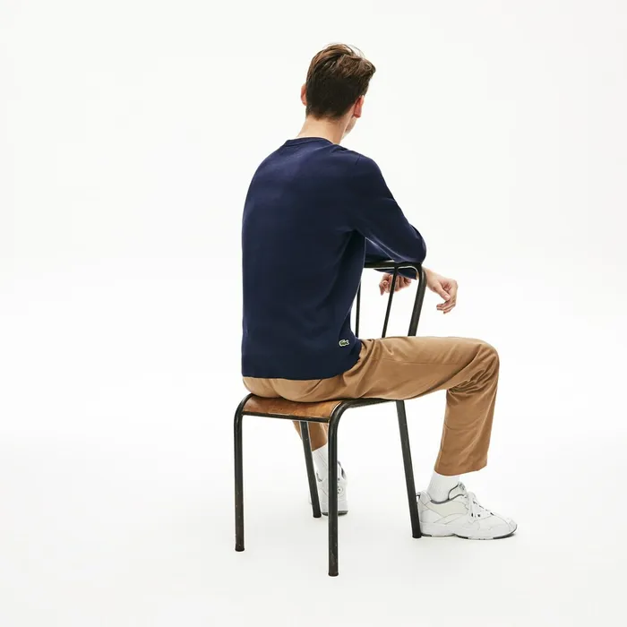 Lettering Print Cotton Heritage Sweater Navy BlueGreen Mens Lacoste Sweaters On Sale
