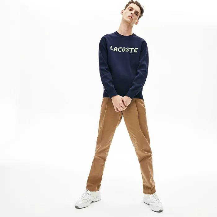 Lettering Print Cotton Heritage Sweater Navy BlueGreen Mens Lacoste Sweaters On Sale