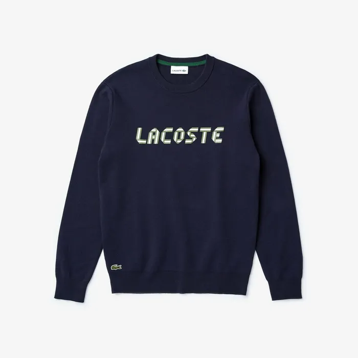 Lettering Print Cotton Heritage Sweater Navy BlueGreen Mens Lacoste Sweaters On Sale