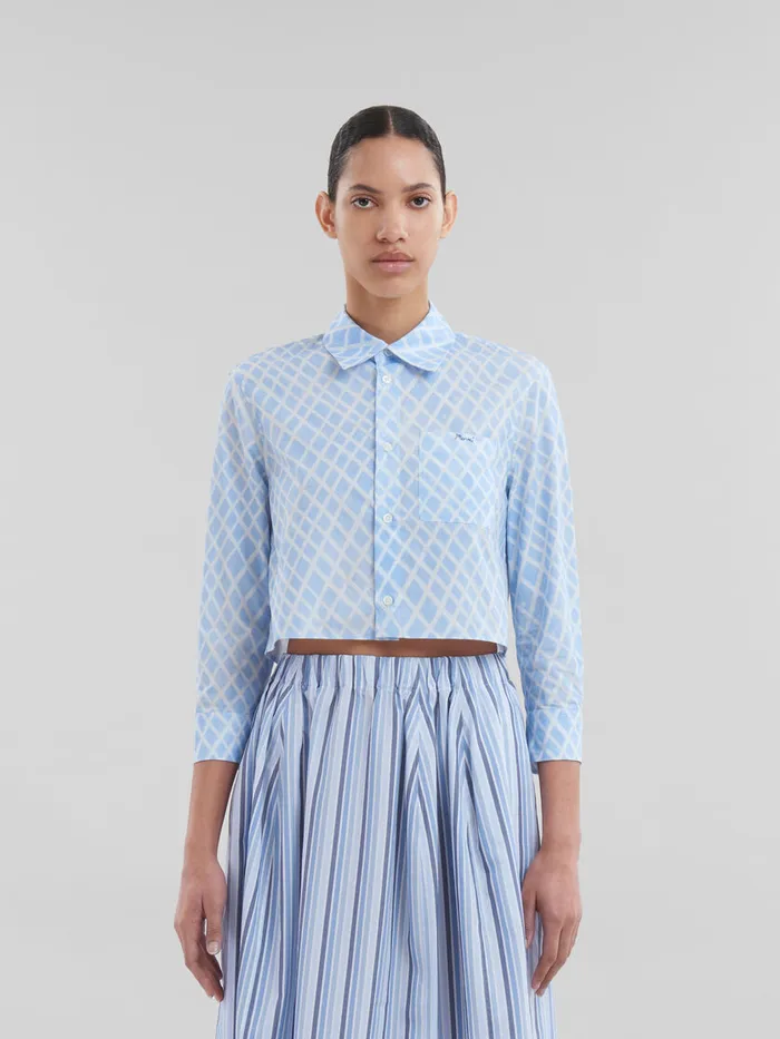 Light Blue Organic Poplin Cropped Shirt With Landscapes Print Women Marni Tops and TShirts