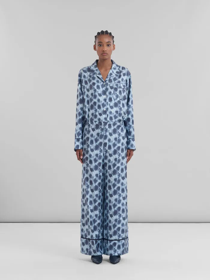 Light Blue Silk Palazzo Trousers With Crayon Leopard Print Women Marni Pants