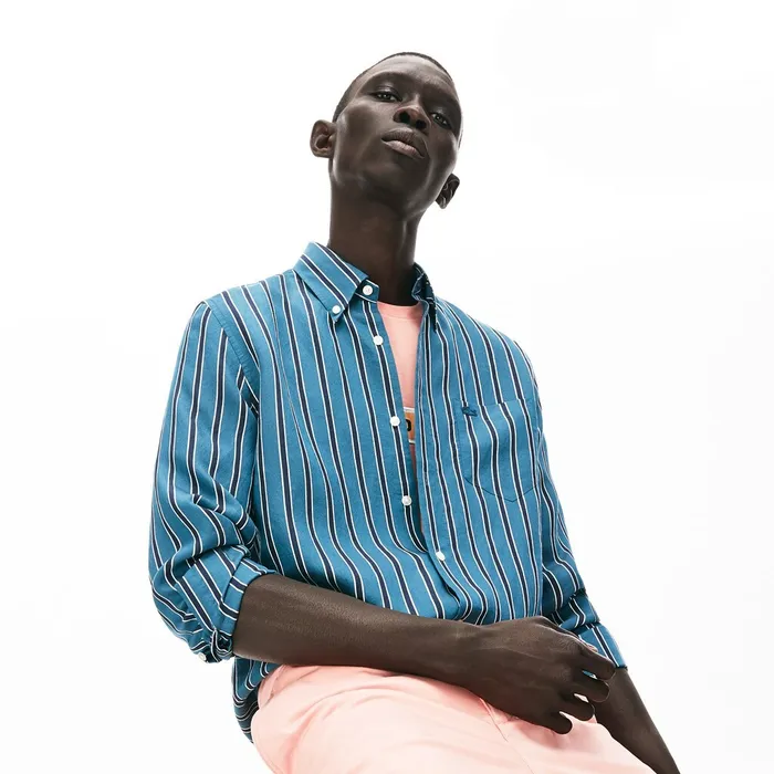 Lightweight Striped Shirt Navy BlueWhite Mens Lacoste Button Down Shirts Online