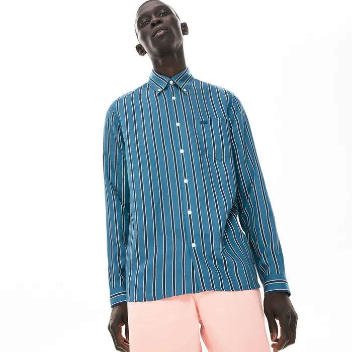 Lightweight Striped Shirt Navy BlueWhite Mens Lacoste Button Down Shirts Online