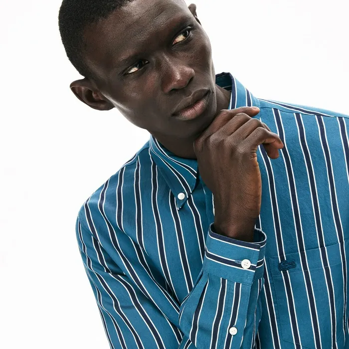 Lightweight Striped Shirt Navy BlueWhite Mens Lacoste Button Down Shirts Online