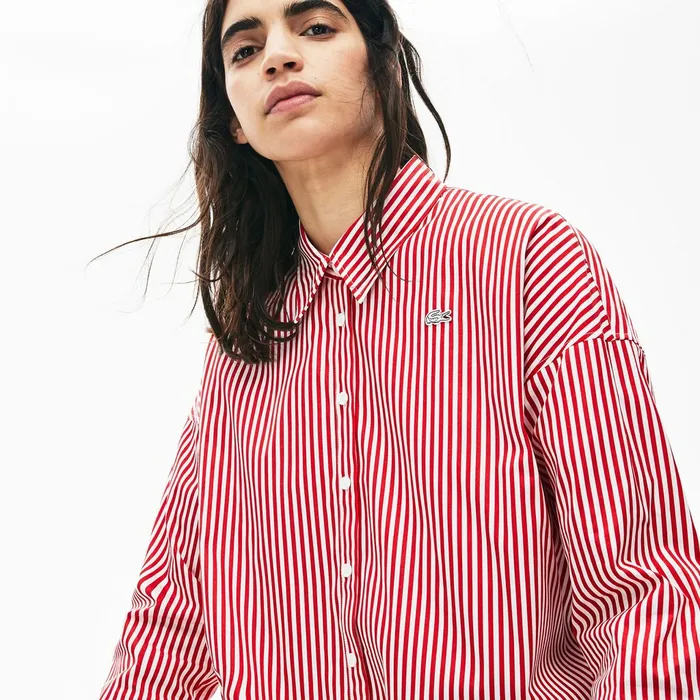 LIVE BoxyFit Striped Cotton Shirt WhiteRed Womens Lacoste Shirts and Tops Shop Online