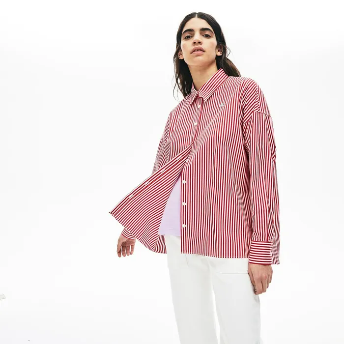 LIVE BoxyFit Striped Cotton Shirt WhiteRed Womens Lacoste Shirts and Tops Shop Online