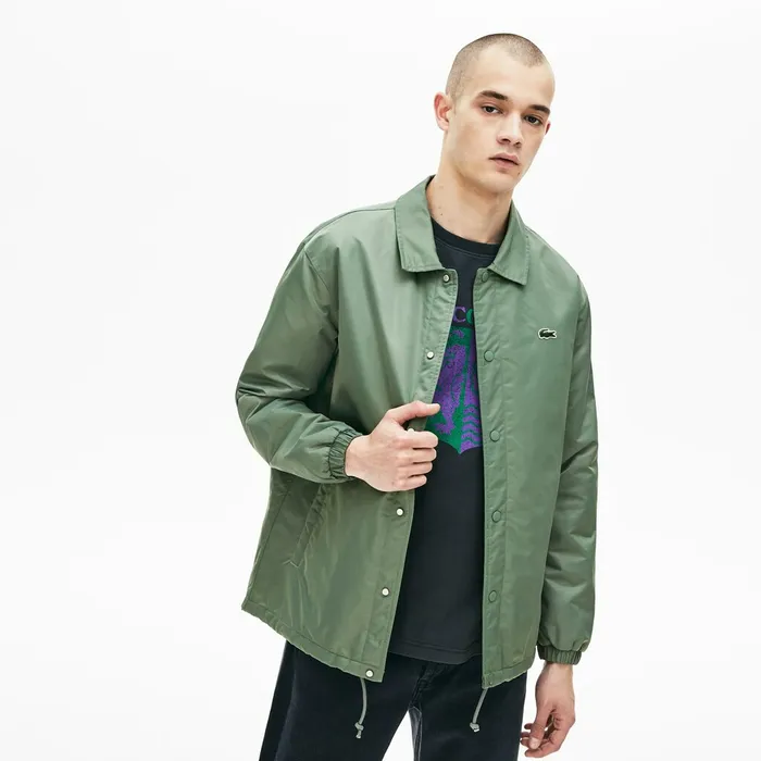 LIVE Buttoned Embroidered Coach Jacket Khaki Green Mens Lacoste Jackets and Coats For Sale LIVE Buttoned Embroidered Coach Jacket Khaki Green Mens Lacoste Jackets and Coats For Sale