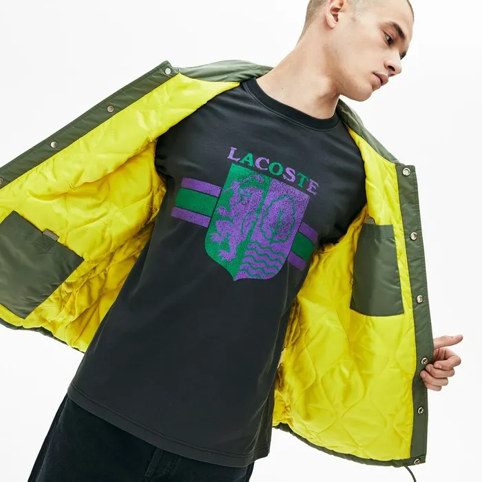 LIVE Buttoned Embroidered Coach Jacket Khaki Green Mens Lacoste Jackets and Coats For Sale