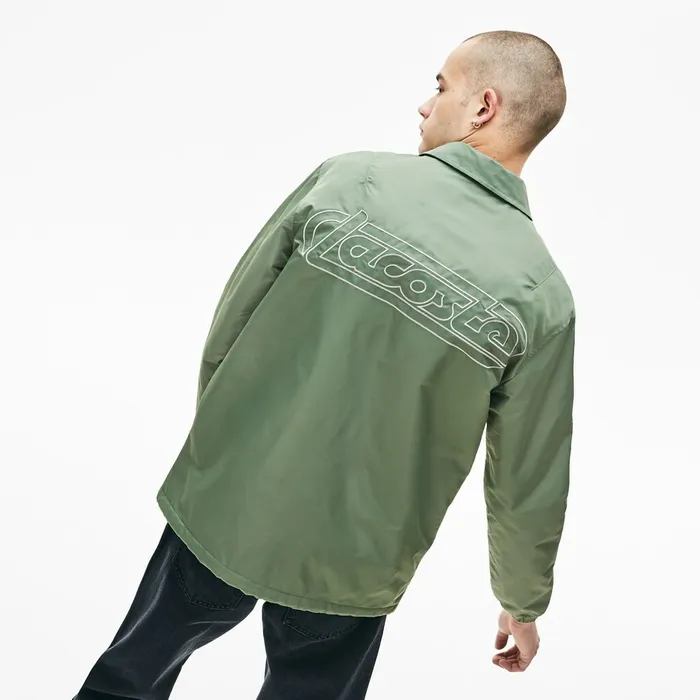 LIVE Buttoned Embroidered Coach Jacket Khaki Green Mens Lacoste Jackets and Coats For Sale