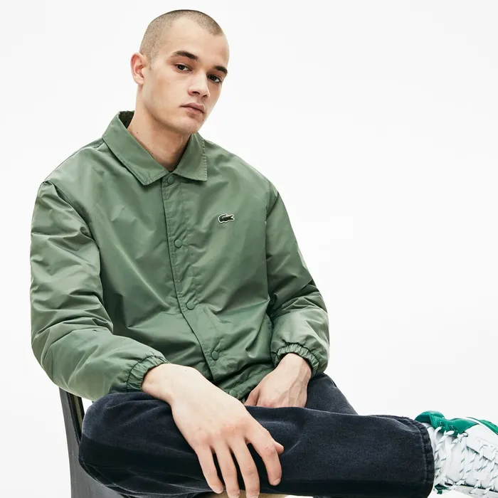 LIVE Buttoned Embroidered Coach Jacket Khaki Green Mens Lacoste Jackets and Coats For Sale