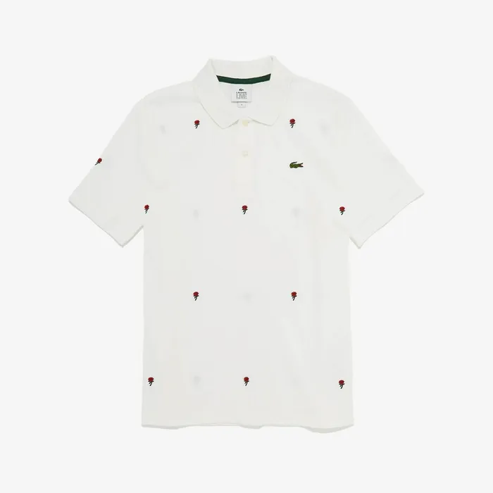 LIVE Classic Fit Rose Embroidery Cotton Piqu Polo White Mens Lacoste Polos Store
