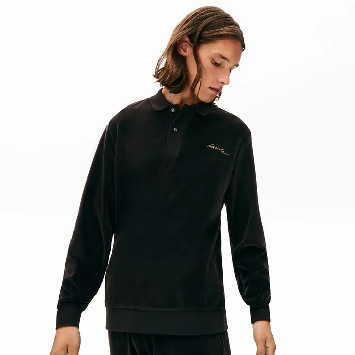 LIVE Classic Fit Velvet Polo Shirt Black Mens Lacoste Polos Online Outlet Store
