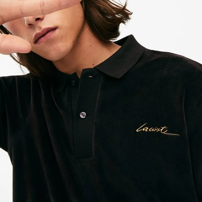 LIVE Classic Fit Velvet Polo Shirt Black Mens Lacoste Polos Online Outlet Store