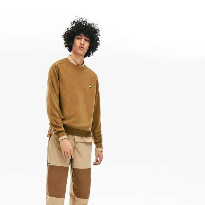 LIVE Cotton Crewneck Sweater Brown Mens Lacoste Sweaters Gift 4 You