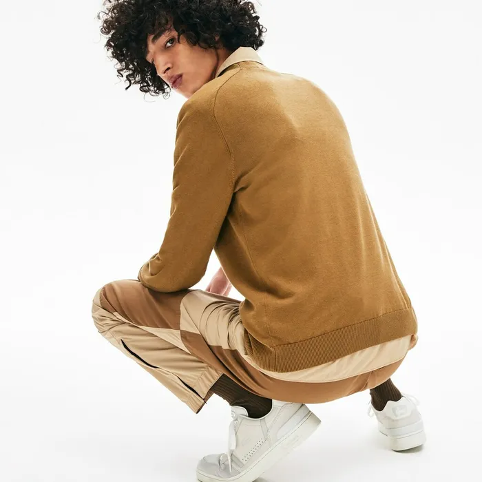LIVE Cotton Crewneck Sweater Brown Mens Lacoste Sweaters Gift 4 You
