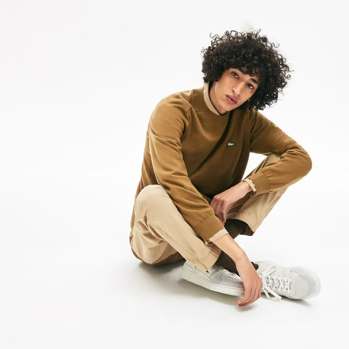 LIVE Cotton Crewneck Sweater Brown Mens Lacoste Sweaters Gift 4 You