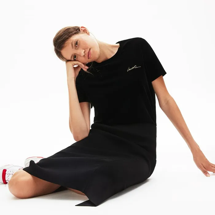 LIVE Crewneck Golden Signature Velvet TShirt Black Womens Lacoste TShirts USA