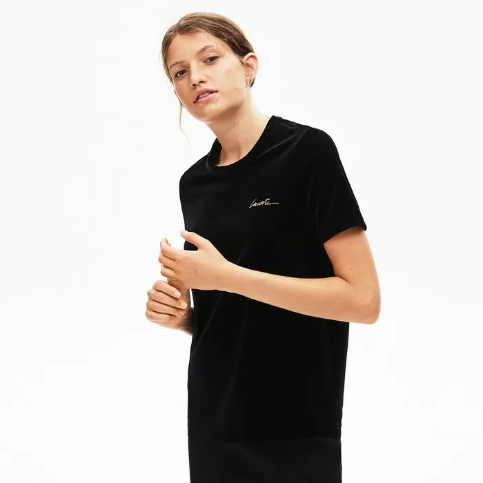 LIVE Crewneck Golden Signature Velvet TShirt Black Womens Lacoste TShirts USA