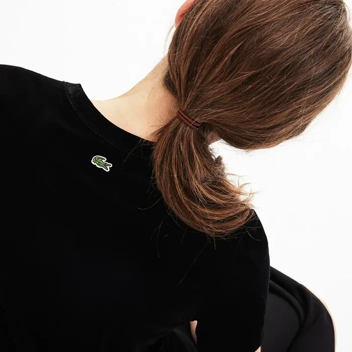 LIVE Crewneck Golden Signature Velvet TShirt Black Womens Lacoste TShirts USA