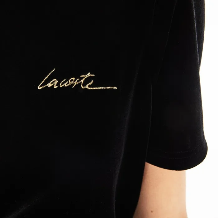 LIVE Crewneck Golden Signature Velvet TShirt Black Womens Lacoste TShirts USA