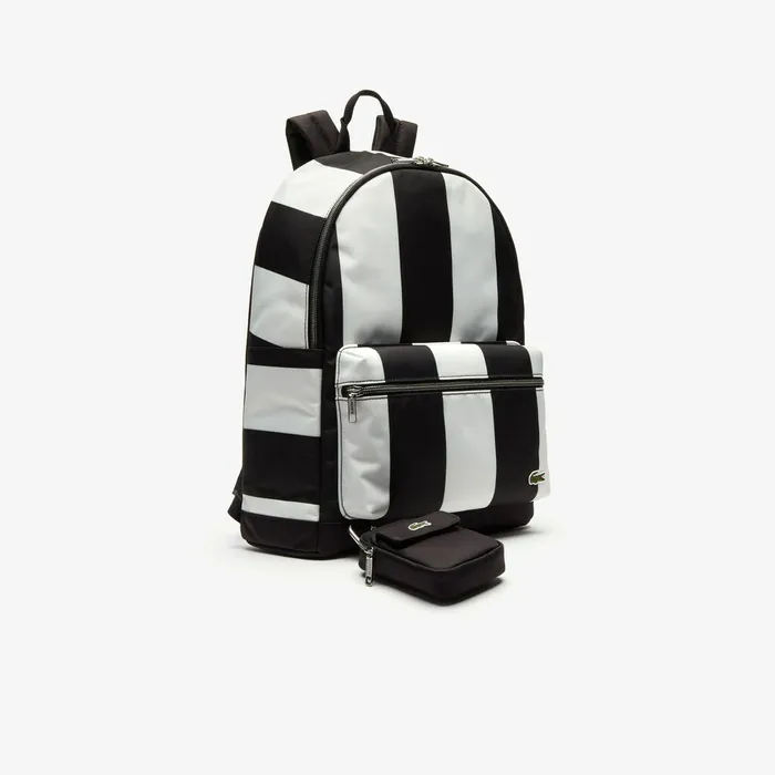 LIVE Detachable Pouch Striped Backpack Noir Blanc Mens Lacoste Bags Cheap On Sale