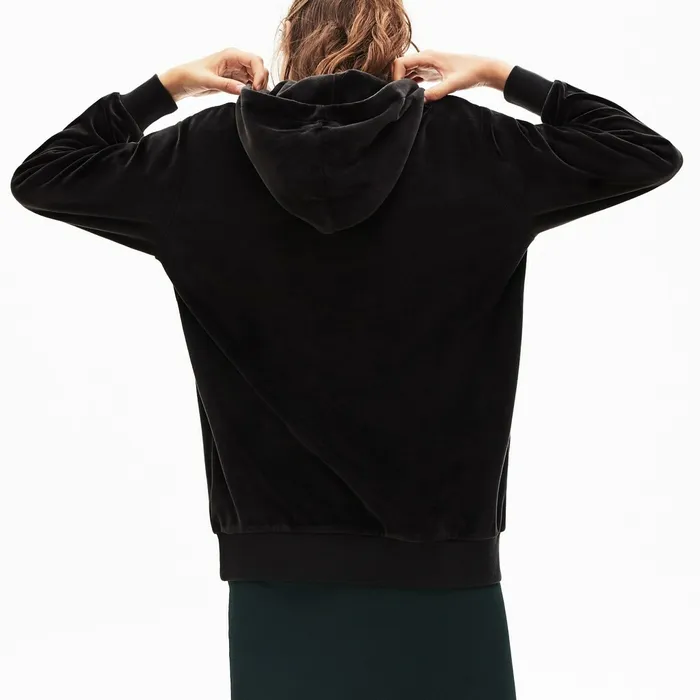 LIVE Golden Signature Hooded Velvet Sweatshirt Black Womens Lacoste Sweaters and Sweatshirts On Sale