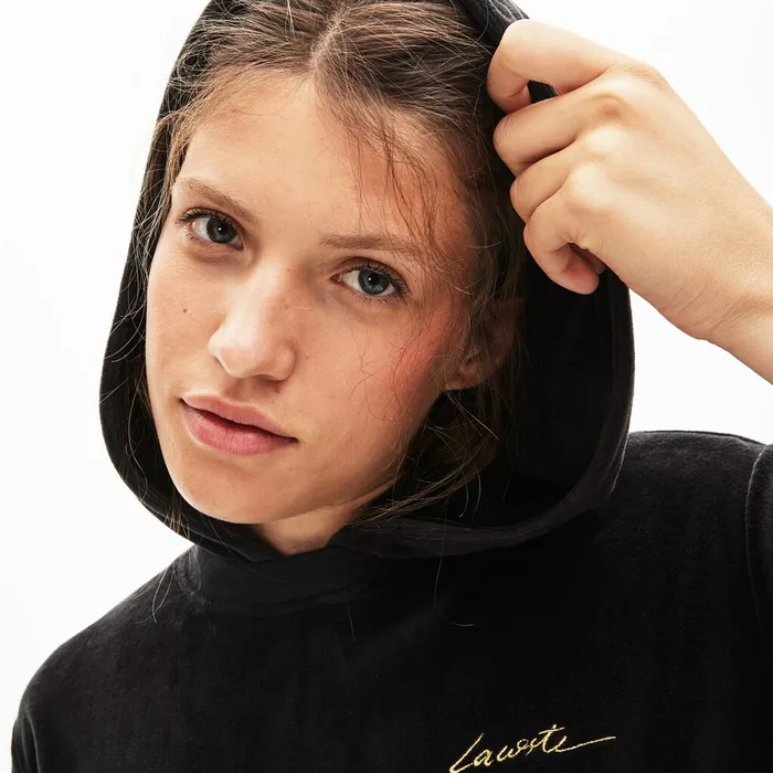 LIVE Golden Signature Hooded Velvet Sweatshirt Black Womens Lacoste Sweaters and Sweatshirts On Sale