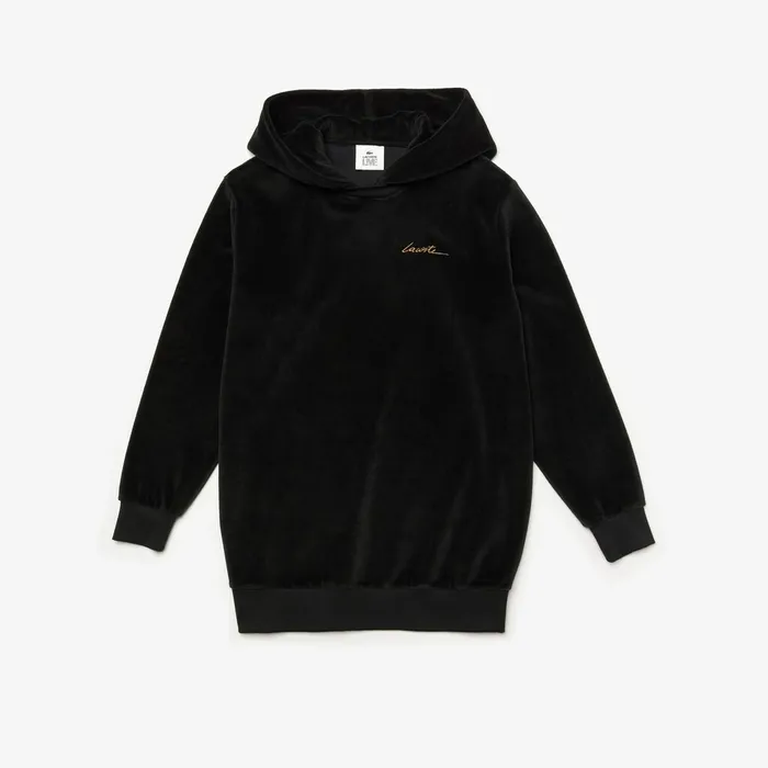 LIVE Golden Signature Hooded Velvet Sweatshirt Black Womens Lacoste Sweaters and Sweatshirts On Sale