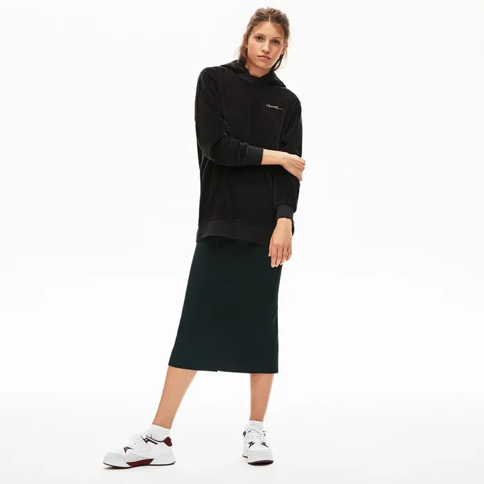 LIVE Golden Signature Hooded Velvet Sweatshirt Black Womens Lacoste Sweaters and Sweatshirts On Sale